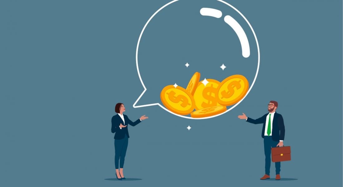Cartoon showing one worker giving wise words of advice to another fintech worker. A big speech bubble is between them filled with gold coins.