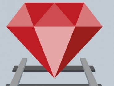 A cartoon red ruby gem on a railway track representing Ruby programming language and its associated web framework Ruby on Rails.