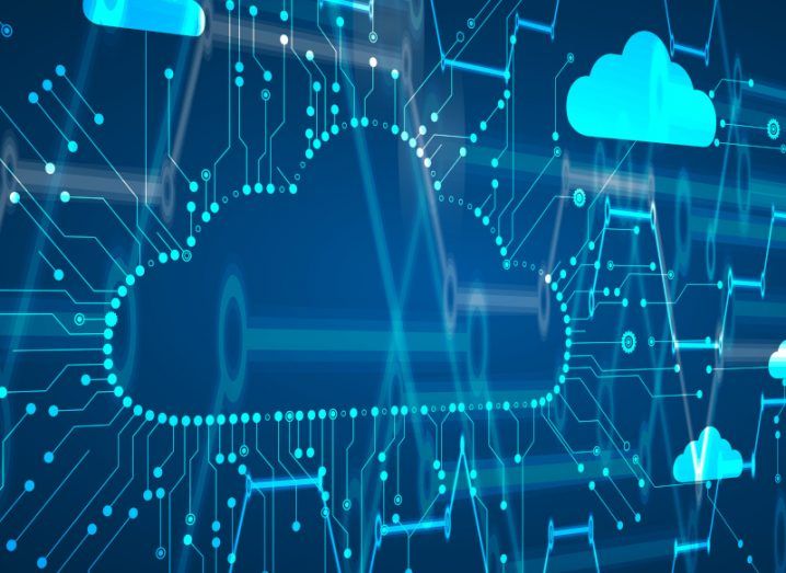 Illustration of a digital cloud with blue lines and dots surrounding it and connecting it to other clouds. A concept for the global cloud market.