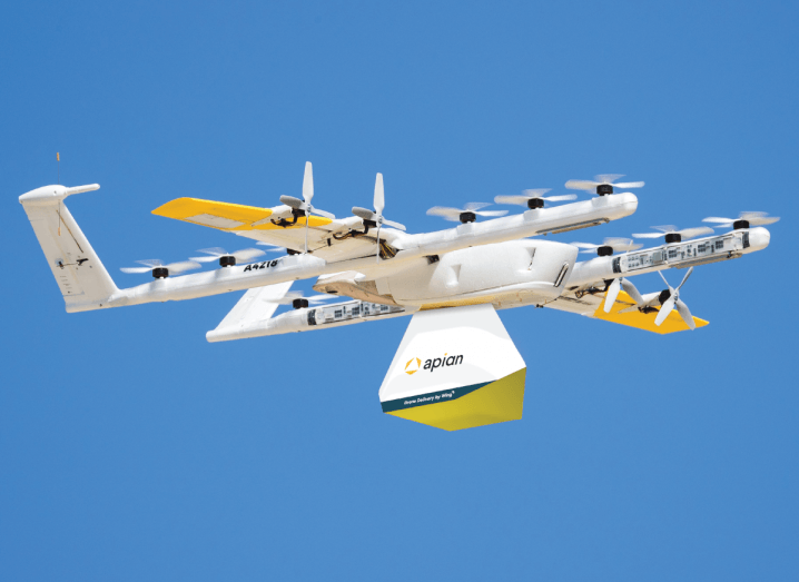 Image of a Wing and Apian drone in flight in Dublin.